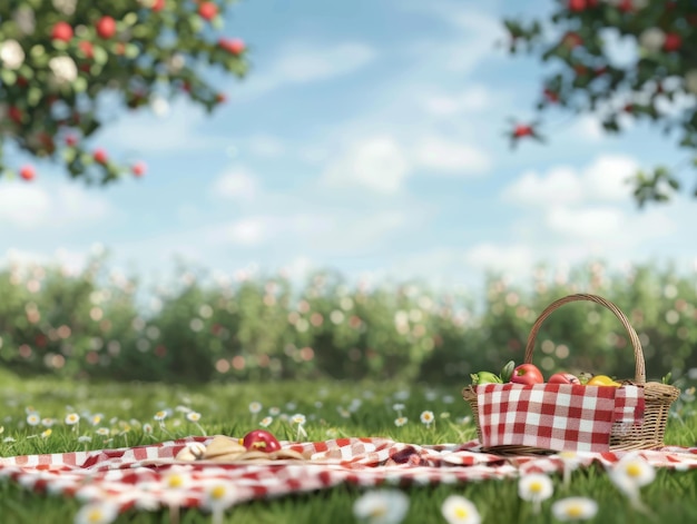 Serene Summer Picnic A Tranquil Scene with a Basket of Fresh Fruits under Blooming Trees