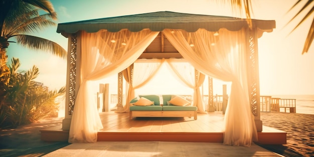 A serene sunkissed beachside cabana in an idyllic picturesque summer coastal retreat