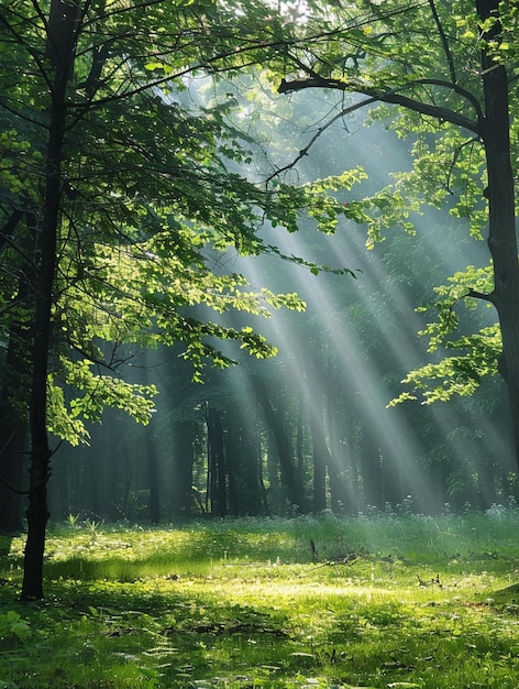 Serene Sunlight Filtering Through Lush Green Forest