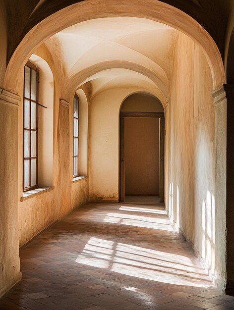 Photo serene sunlit corridor with arched architecture