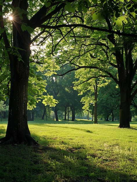 Serene Sunlit Forest Park with Lush Greenery