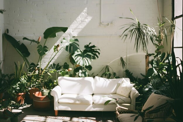 Photo a serene sunlit living room with a cozy white couch surrounded by lush indoor plants creating a tranquil green sanctuary