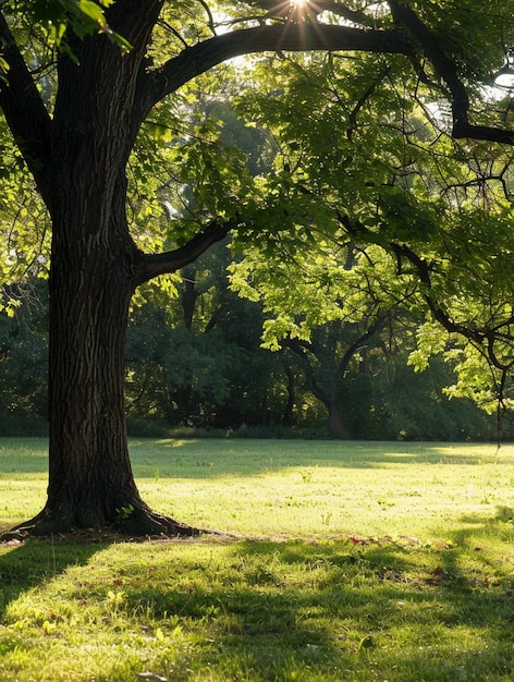 Serene Sunlit Park with Majestic Tree and Lush Greenery