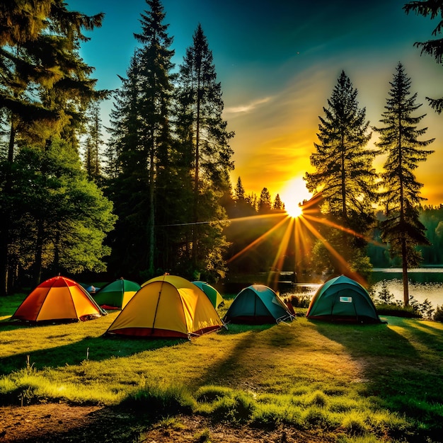 Photo serene sunrise camping by the lakeside