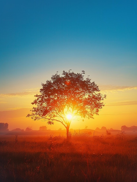 Serene Sunrise Behind Lone Tree in Misty Field