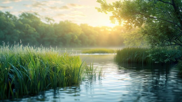 Serene sunrise over a lush green riverside landscape with calm water reflecting trees and reeds evoking peace and natural beauty