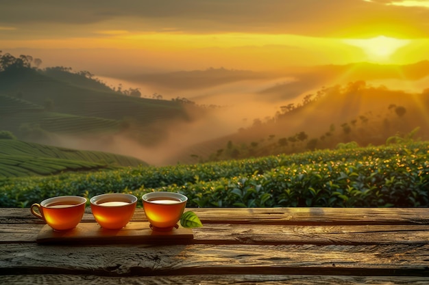 Serene Sunrise Over Lush Tea Plantation with Three Steaming Cups of Tea on Wooden Table