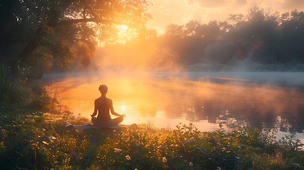 Serene Sunrise Meditation Over Tranquil Lake With Mist And Lush Greenery