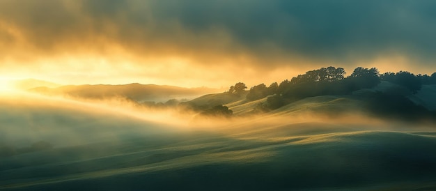 Photo serene sunrise over rolling hills with mist and golden light in a tranquil landscape