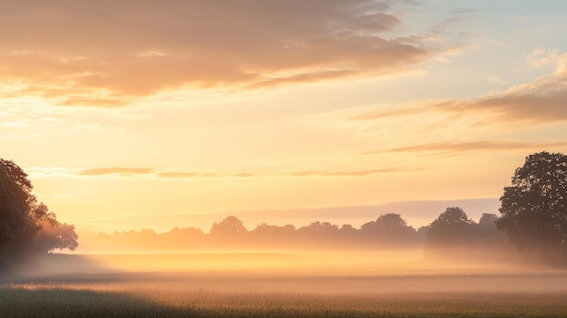 Photo a serene sunrise sky with gentle golden light spreading across a calm rural landscape