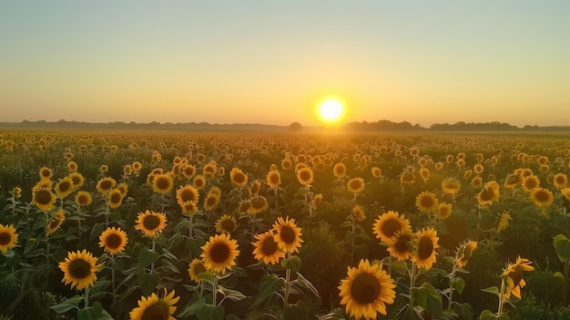 A serene sunrise over a vast field of blooming sunflowers with the early morning