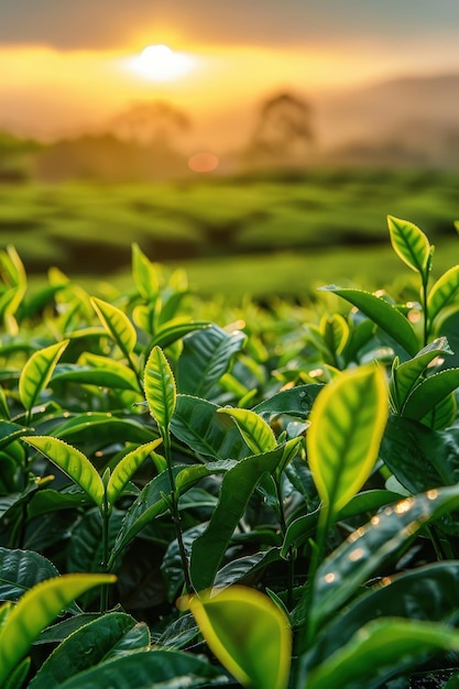 A serene sunrise over a vibrant green tea plantation with dewkissed leaves and a misty background capturing the essence of natures beauty