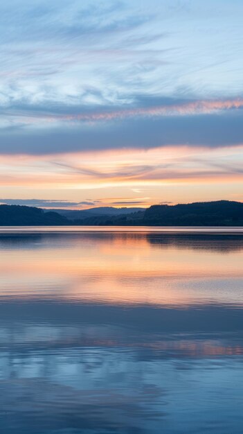 Serene sunset over a calm lake with vibrant hues reflected in the water with background copyspace