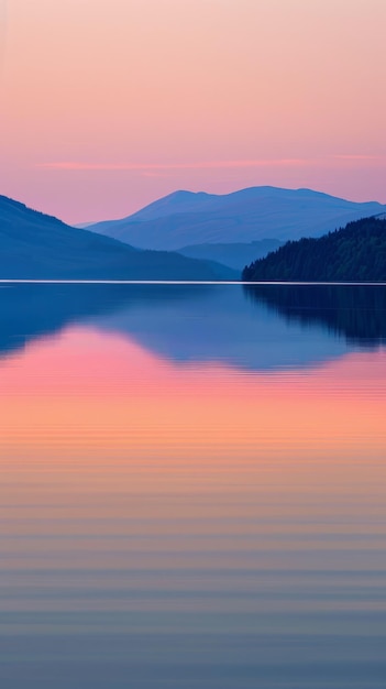 Serene sunset over a calm lake with vibrant hues reflected in the water with background copyspace