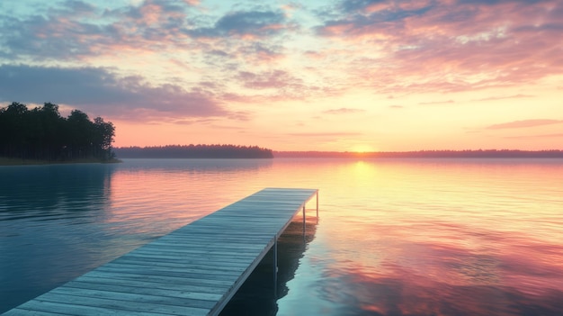 Photo serene sunset over a calm lake with a wooden dock