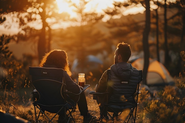 Photo serene sunset camping experience with friends in nature