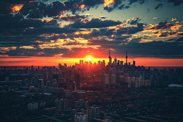 Photo serene sunset over city skyline photography