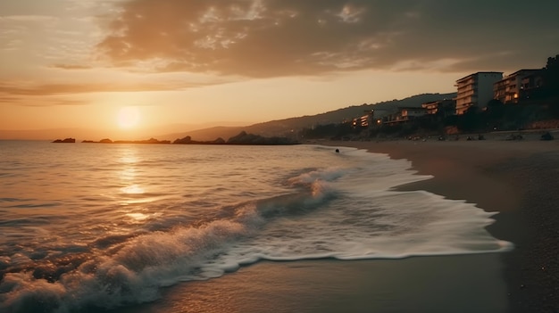 Serene Sunset at Coastal Beach Glowing Sky Rolling Waves and Surfers Embracing Nature sunset surfers waves serene water tranquil sky coastal beauty peaceful environment