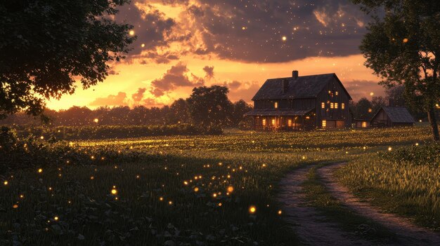 Photo a serene sunset over a countryside house with fireflies illuminating the scene