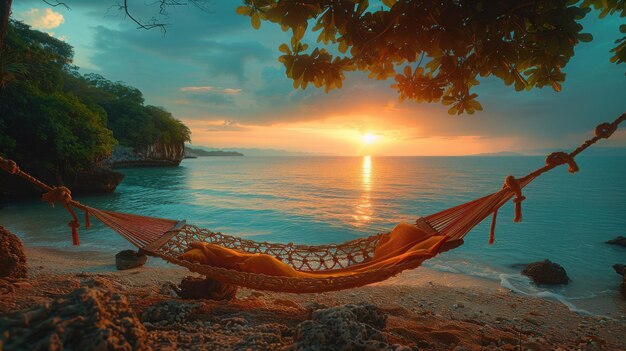 Serene Sunset Hammock Relaxing Tropical Beach Scene with Nikon Z50 Camera and 50mm Lens