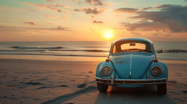 Serene Sunset Hues Cast Glow on a Car on the Beach