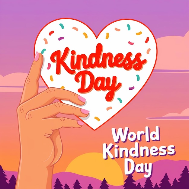 Serene Sunset Illustration Hand with Heart Sign for World Kindness Day