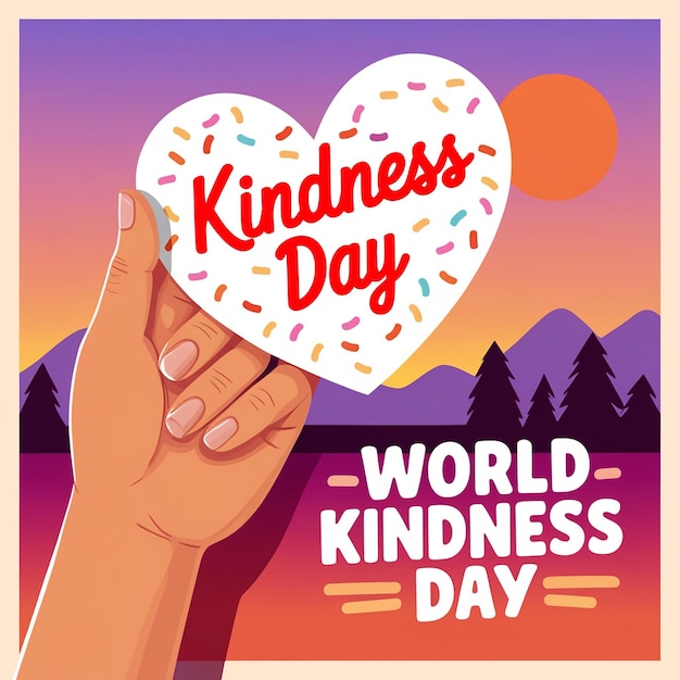 Serene Sunset Illustration Hand with Heart Sign for World Kindness Day