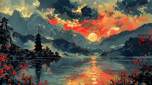 Serene Sunset Landscape with Pagoda and Mountains