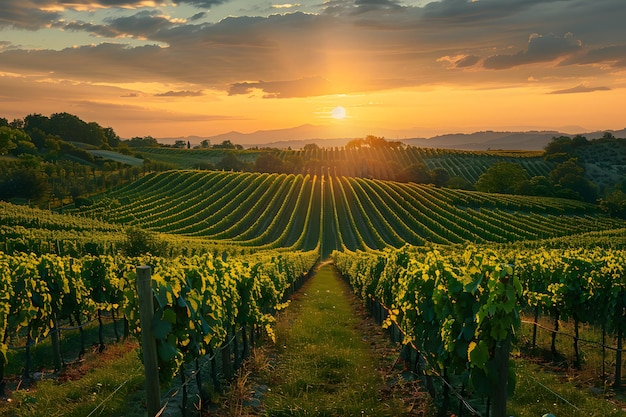 Serene Sunset Over Lush Vineyard Rows