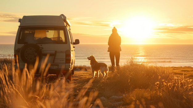 Serene sunset moment with a person and a dog beside a camper van facing the sea