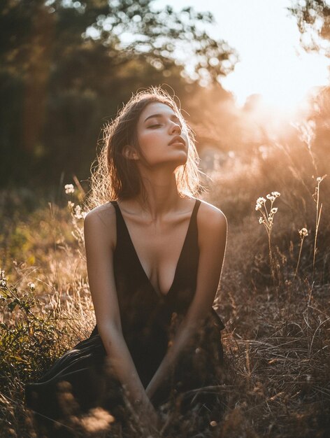 Photo serene sunset portrait of a young woman in nature