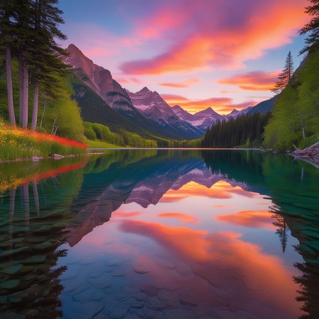 Serene Sunset Over a Pristine Lake