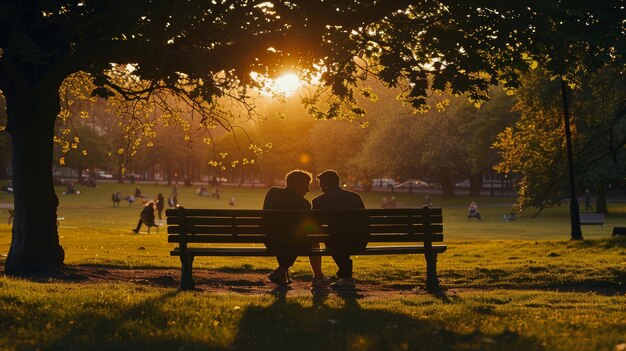 Photo serene sunset romance couple s intimate evening on park bench in tranquil and romantic atmosphere