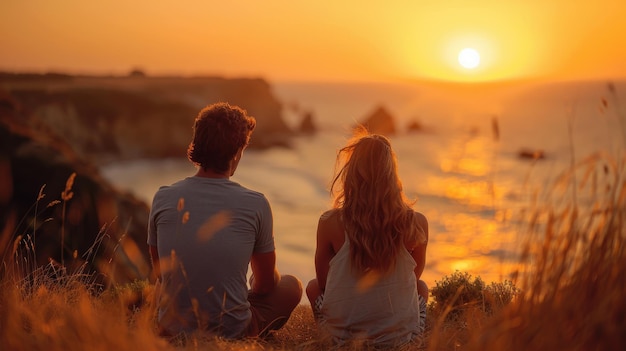 Serene Sunset Romance Couple Watching Golden Hour on Cliffside Overlooking Ocean with Canon EOS R5 Photography Concept