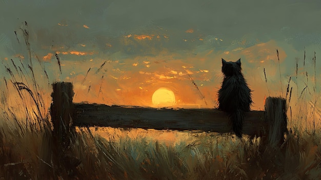 A serene sunset scene featuring a cat sitting on a fence gazing at the horizon