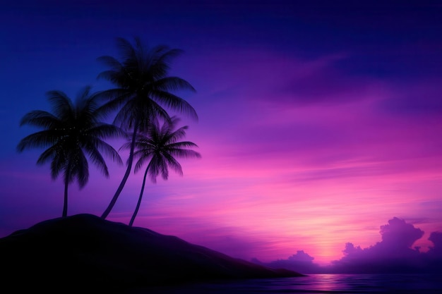 Serene sunset over silhouettes of palm trees against a vibrant purple sky creating a tranquil island atmosphere