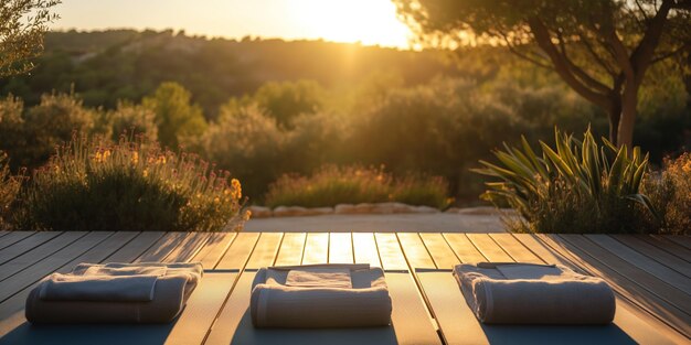 Photo serene sunset spa scene with folded towels in tranquil outdoors