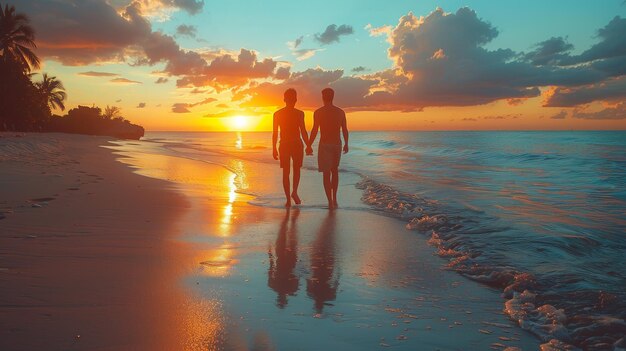 Serene Sunset Stroll Two Men Holding Hands on Beach Enjoying Tranquil Moment Together