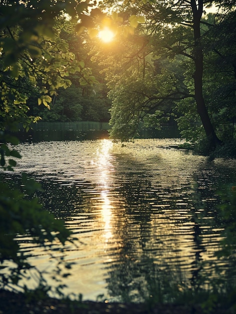 Serene Sunset Over Tranquil Forest Lake