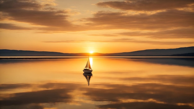 serene sunset over a tranquil lake with a lone sailboat on the horizon