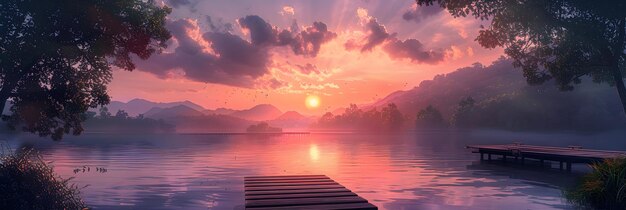 Photo serene sunset over tranquil lake with mountain silhouettes and wooden dock