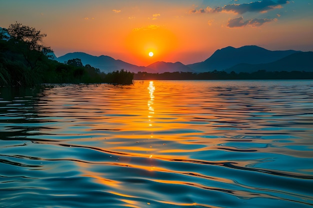 Serene Sunset Over Tranquil Lake with Reflective Water and Mountain Silhouettes