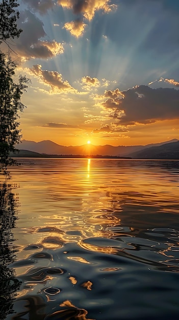 Serene Sunset Over Tranquil Lake with Reflective Water and Mountain Silhouettes