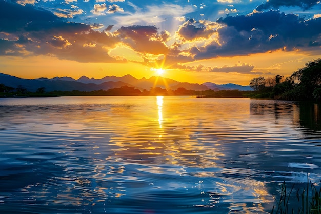 Serene Sunset Over Tranquil Lake with Reflective Water and Mountain Silhouettes