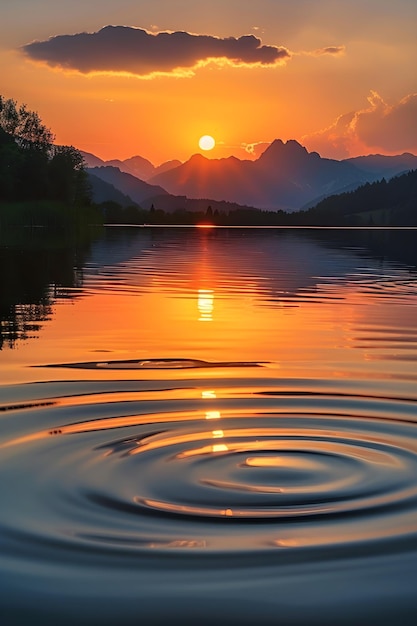 Serene Sunset Over Tranquil Lake with Reflective Water and Mountain Silhouettes