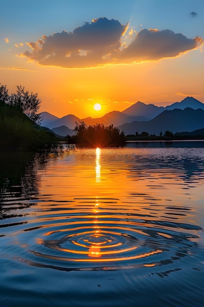 Serene Sunset Over Tranquil Lake with Reflective Water and Mountain Silhouettes