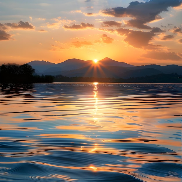 Serene Sunset Over Tranquil Lake with Reflective Water and Mountain Silhouettes