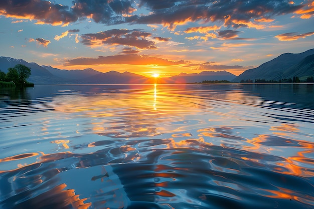 Serene Sunset Over Tranquil Lake with Reflective Water and Mountain Silhouettes