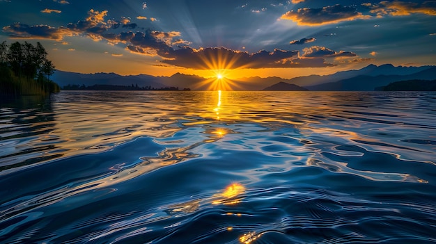 Serene Sunset Over Tranquil Lake with Reflective Water and Mountain Silhouettes