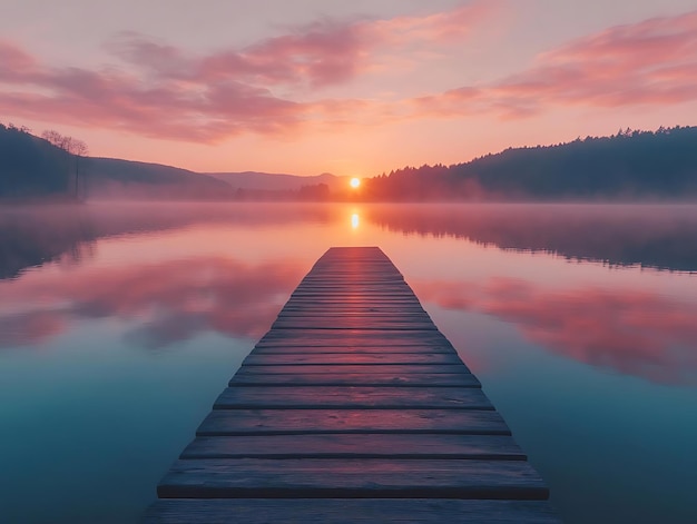 Photo serene sunset over a tranquil lake with wooden dock photo